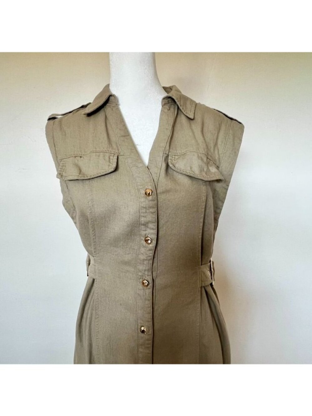 Zara Linen Shirt Dress XS Khaki Olive Euro Summer Safari Button Front Belted - Picture 7 of 16